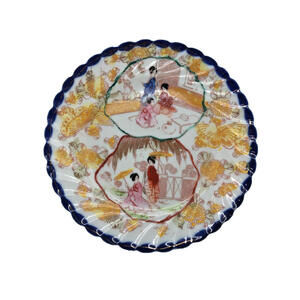 Japanese Hand Painted Kutani 7 1/4" Scalloped Blue Edge Porcelain Plate